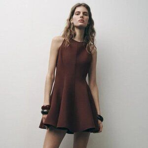 🤎 ZARA ZW Collection Brown Caramel Halter Godet Dress Medium M